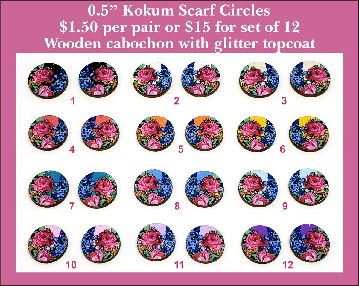 Twelve pairs of 0.5 inch round kokum scarf cabochons (cabs) with pink roses on black, blue and bright backgrounds