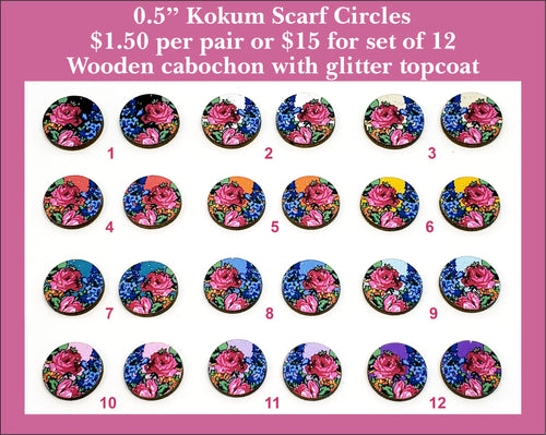 Twelve pairs of 0.5 inch round kokum scarf cabochons (cabs) with pink roses on black, blue and bright backgrounds