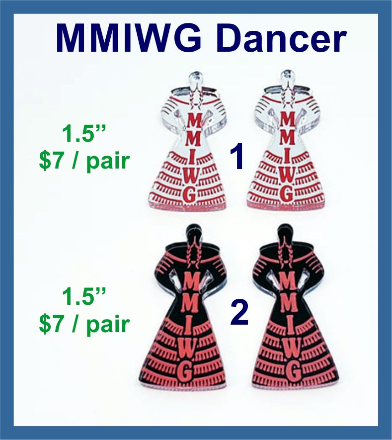 Two pairs of 1.5 inch MMIWG dancer mirror acrylic cabochons (cabs), one pair silver and one pair black, both with red designs