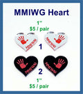 Two pairs of 1 inch MMIWG heart mirror acrylic cabochons (cabs), silver and black, with a red handprint and MMIWG text
