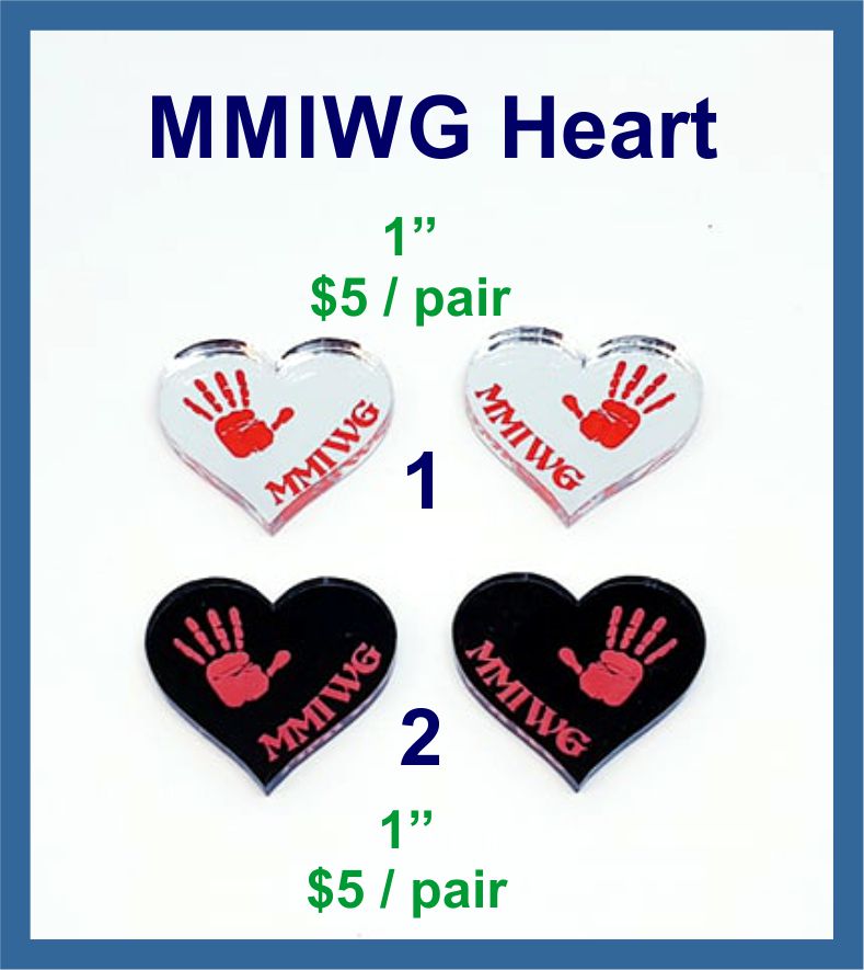 Two pairs of 1 inch MMIWG heart mirror acrylic cabochons (cabs), silver and black, with a red handprint and MMIWG text