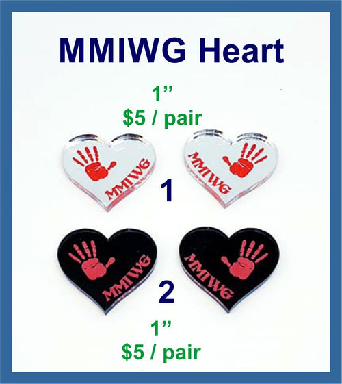 Two pairs of 1 inch MMIWG heart mirror acrylic cabochons (cabs), silver and black, with a red handprint and MMIWG text