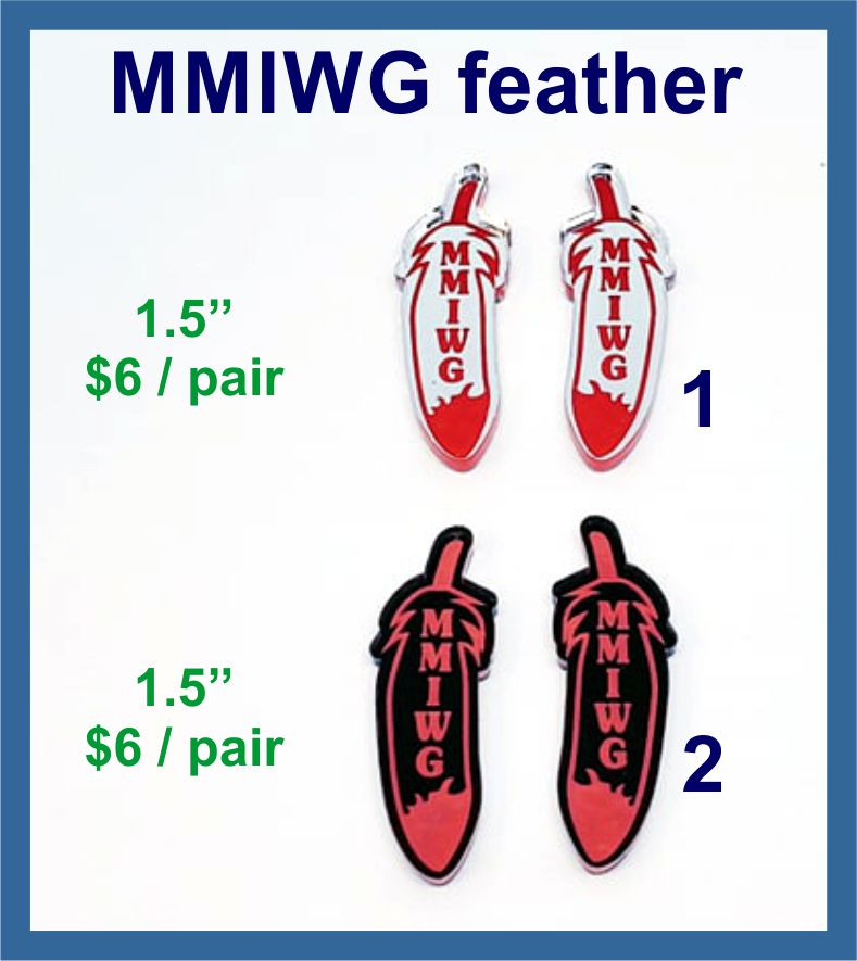 Two pairs of 1.5 inch MMIWG feather mirror acrylic cabochons (cabs), silver and black, with red feather details