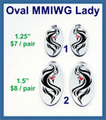Two pairs of oval MMIWG mirror acrylic cabochons (cabs) with a woman's face and flowing hair, in 1.25 and 1.5 inch sizes