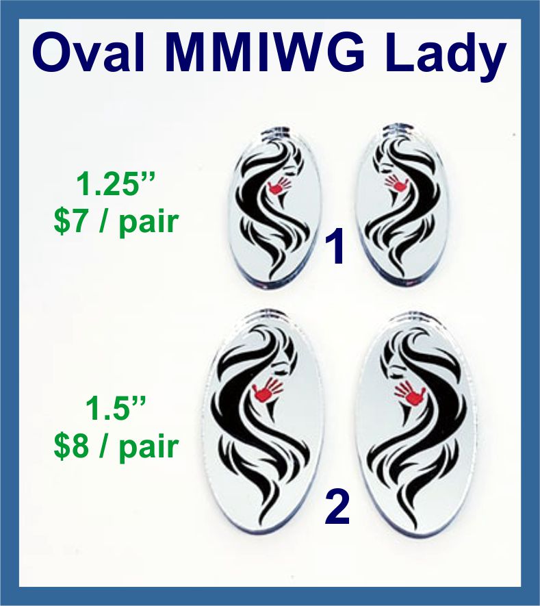 Two pairs of oval MMIWG mirror acrylic cabochons (cabs) with a woman's face and flowing hair, in 1.25 and 1.5 inch sizes