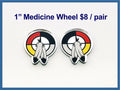 Pair of 1 inch medicine wheel cabochons (cabs) with two hanging feathers in black, white, red and yellow