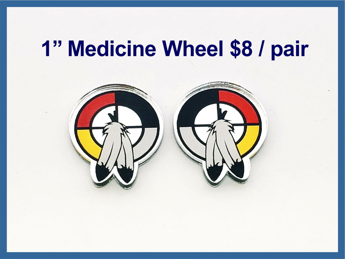 Pair of 1 inch medicine wheel cabochons (cabs) with two hanging feathers in black, white, red and yellow