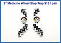 Pair of 2 inch step trap cabochons (cabs) with a medicine wheel and two feathers on black and white steps