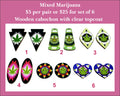 Six pairs of 1 to 1.5 inch cabochons (cabs) with cannabis leaf designs in mixed shapes