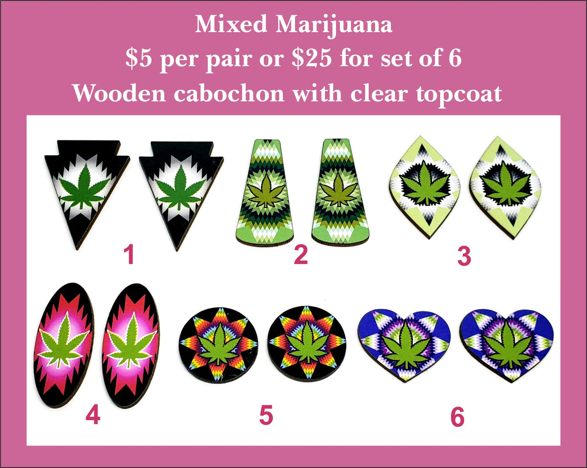 Six pairs of 1 to 1.5 inch cabochons (cabs) with cannabis leaf designs in mixed shapes