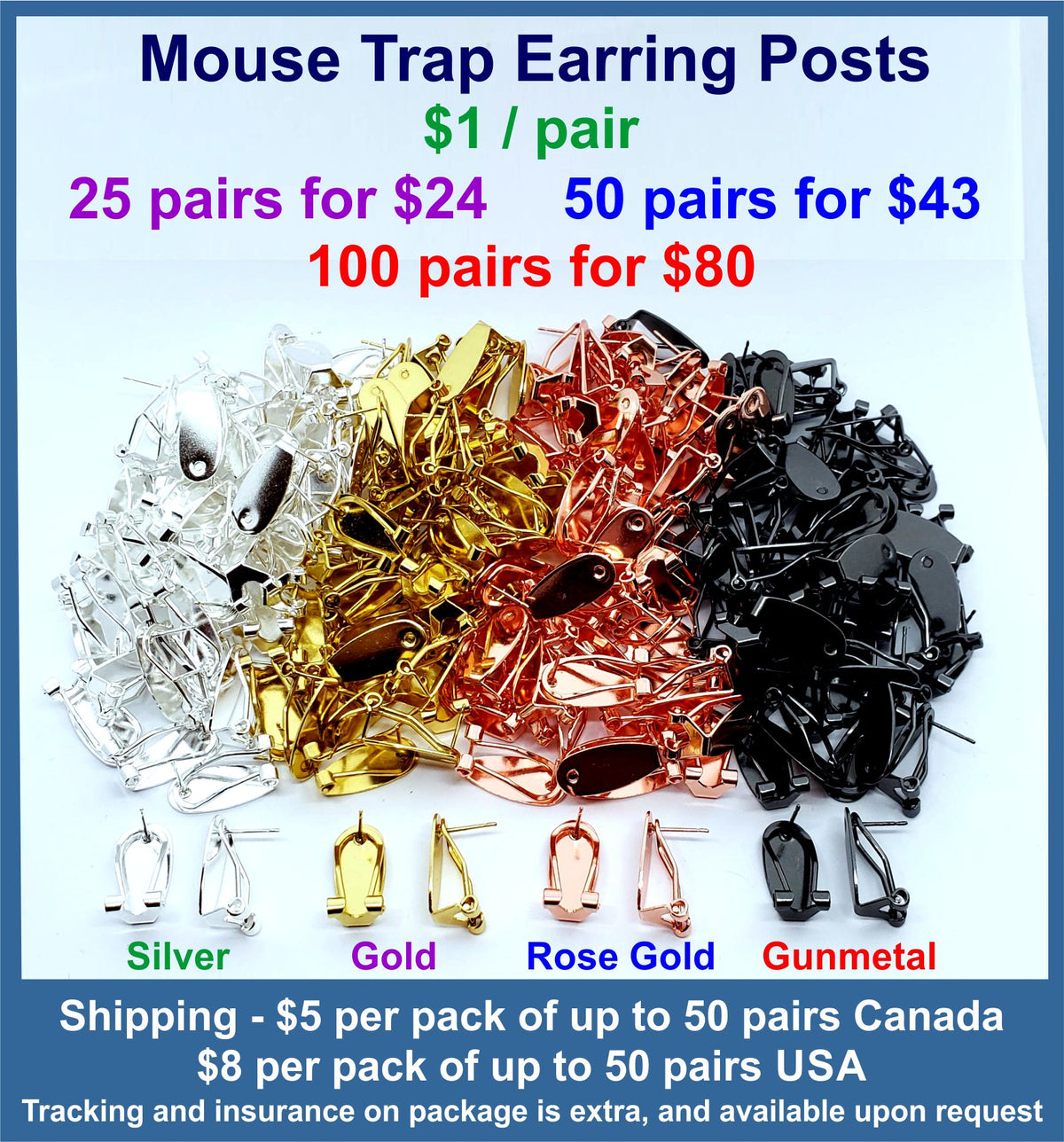 Chart of mouse trap earring posts in silver, rose gold, black, gold and gunmetal