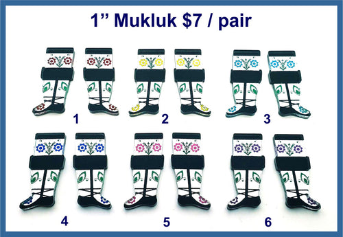 Six pairs of 1 inch mukluk cabochons (cabs) in black and white with painted floral designs