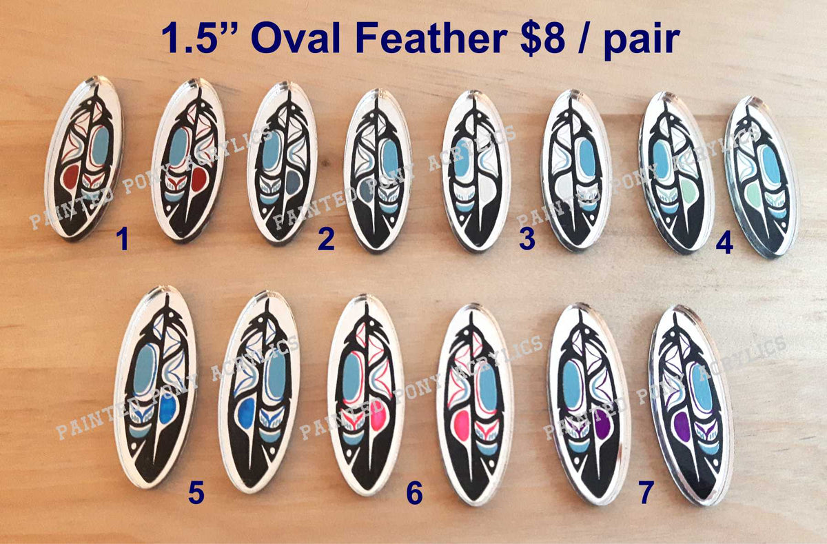 Seven pairs of 1.5 inch oval Coastal feather cabochons (cabs) in black and silver with coloured accents