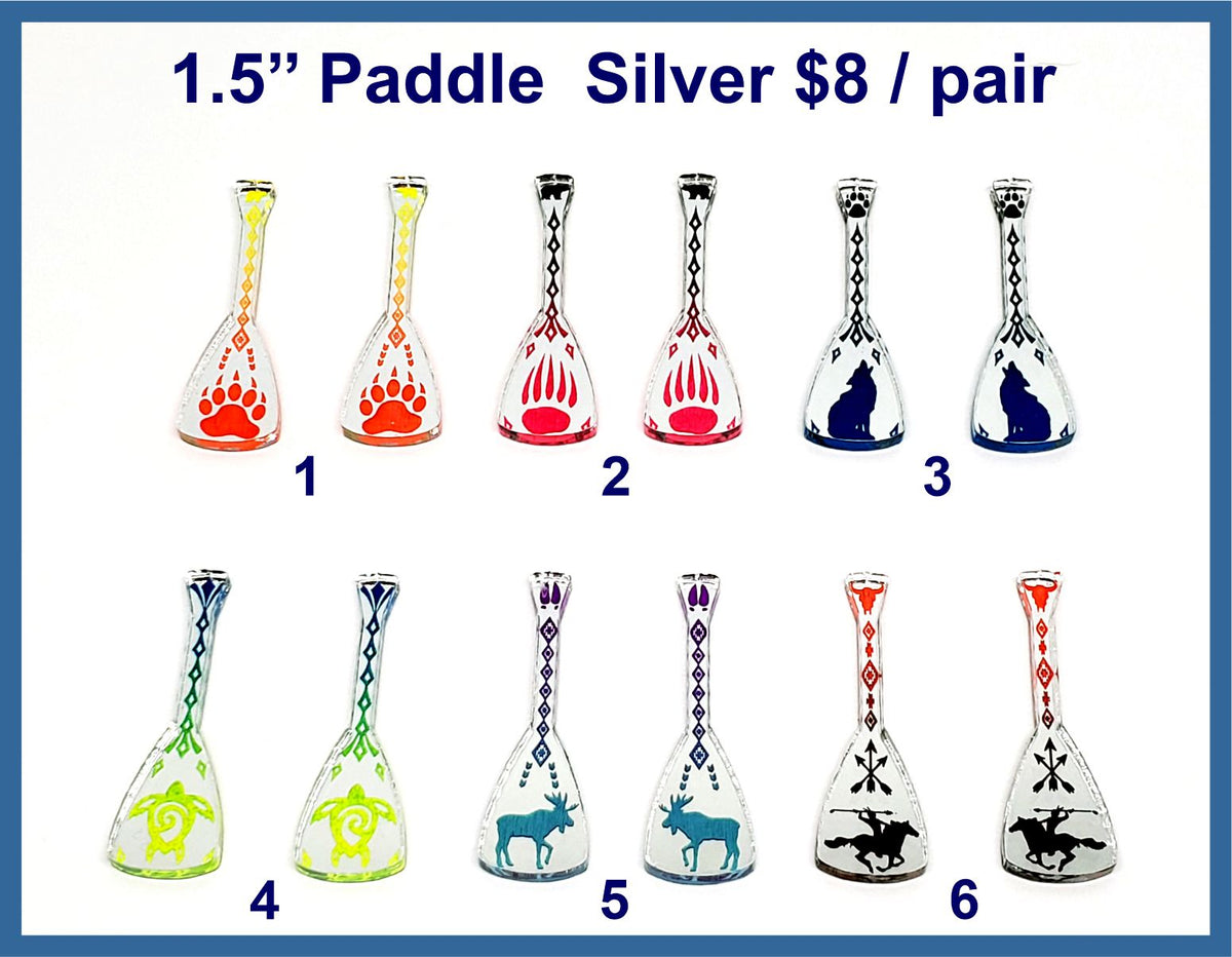 Six pairs of 1.5 inch silver mirror acrylic paddle cabochons (cabs) with paws, wolf, turtle, moose and rider