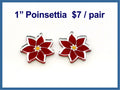 Pair of 1 inch red poinsettia cabochons (cabs) in engraved silver mirror acrylic with yellow centres