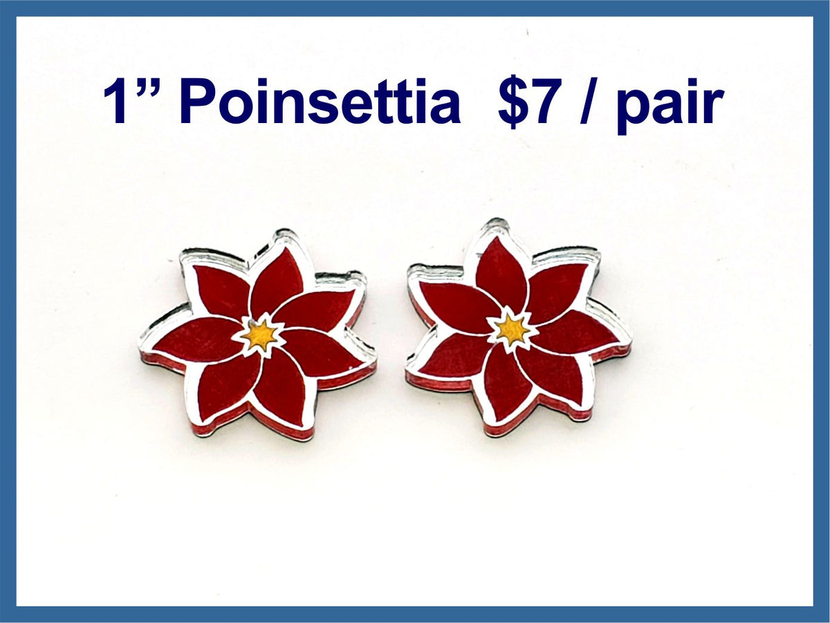 Pair of 1 inch red poinsettia cabochons (cabs) in engraved silver mirror acrylic with yellow centres