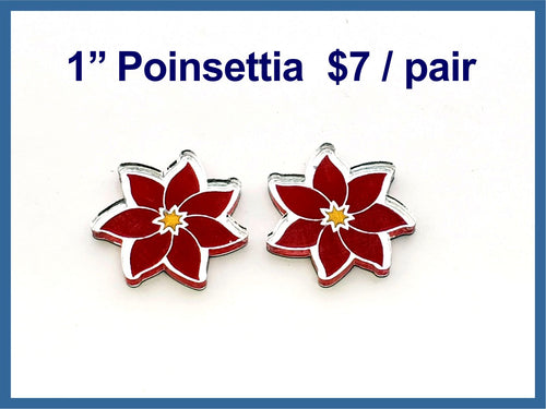 Pair of 1 inch red poinsettia cabochons (cabs) in engraved silver mirror acrylic with yellow centres