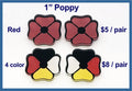 Two pairs of 1 inch poppy cabochons (cabs): all-red poppies and red, white, yellow and black poppies