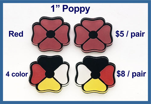 Two pairs of 1 inch poppy cabochons (cabs): all-red poppies and red, white, yellow and black poppies