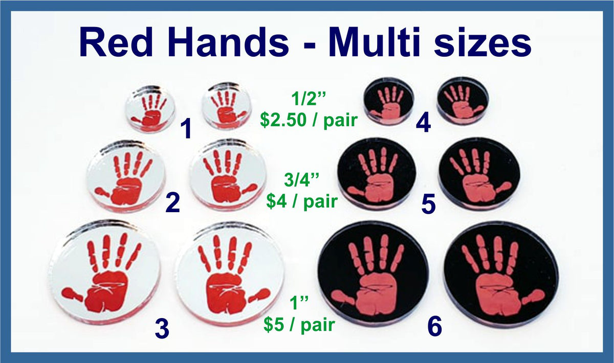 Six pairs of round MMIWG red hand mirror acrylic cabochons (cabs) in silver and black, in 1/2, 3/4 and 1 inch sizes