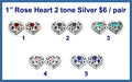 Five pairs of 1 inch silver mirror acrylic filigree heart cabochons (cabs) with rose centres in five colours
