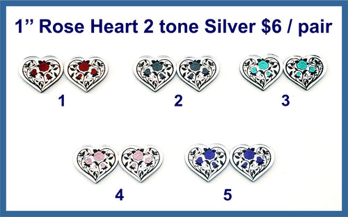 Five pairs of 1 inch silver mirror acrylic filigree heart cabochons (cabs) with rose centres in five colours