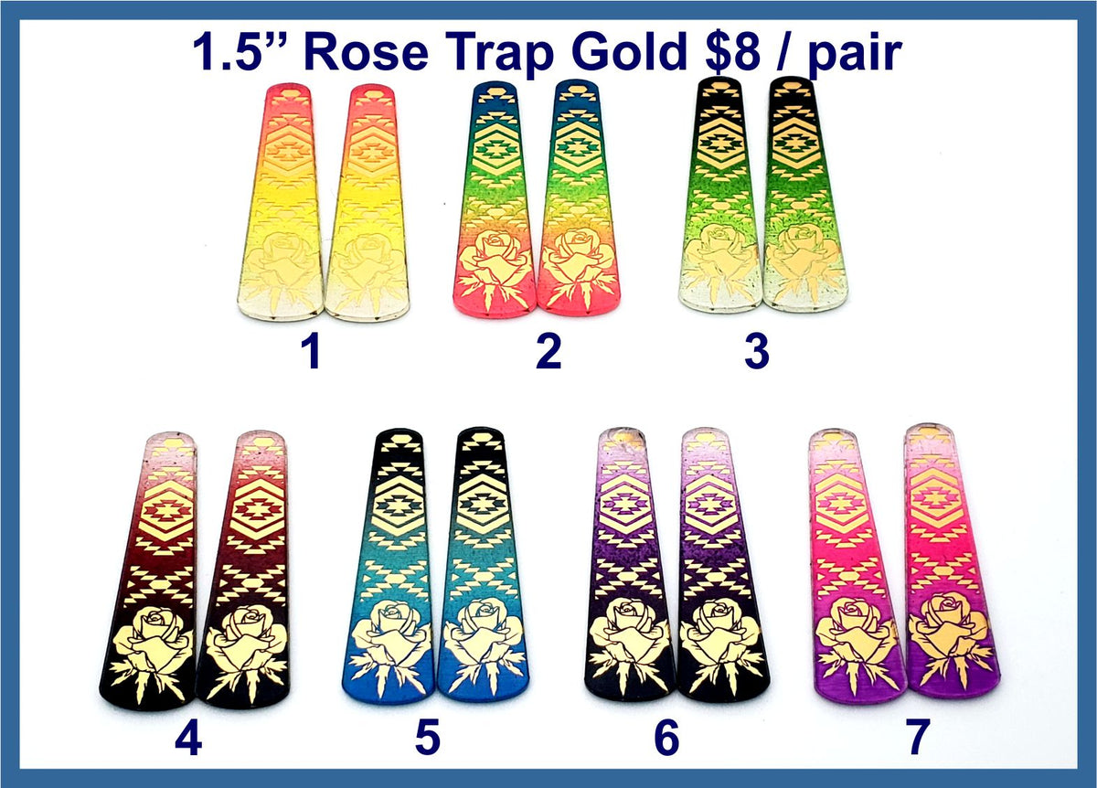 Gold acrylic rose trap cabs, seven pairs with engraved roses in ombre colours