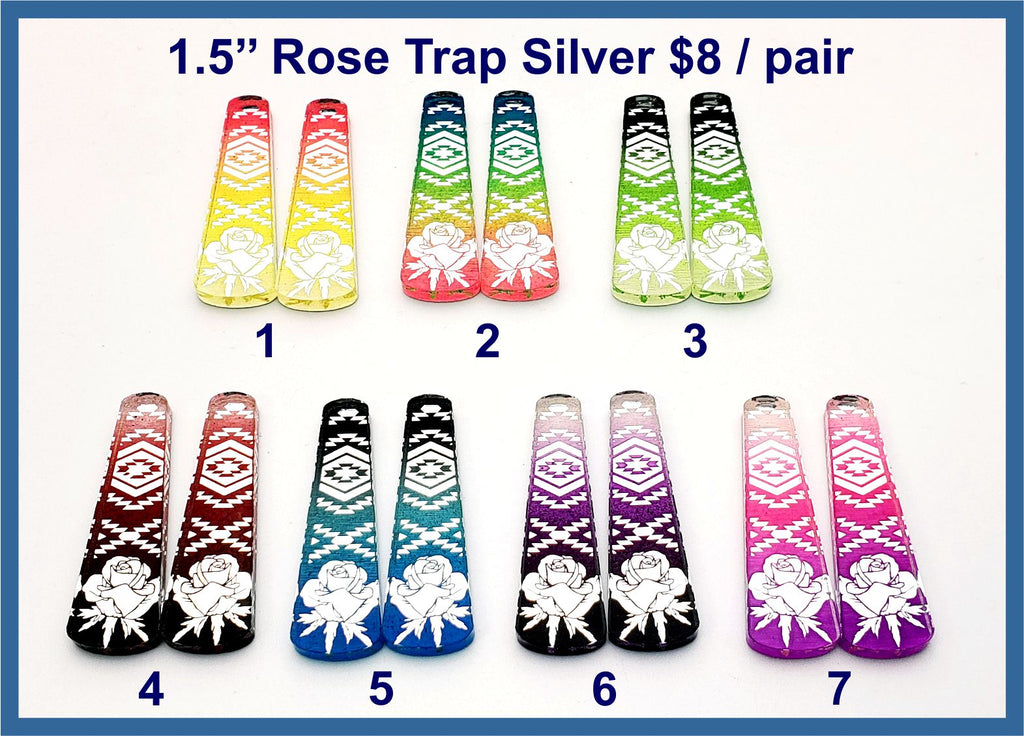 Seven pairs of 1.5 inch silver mirror acrylic rose trap cabochons (cabs) with engraved roses in ombre colours