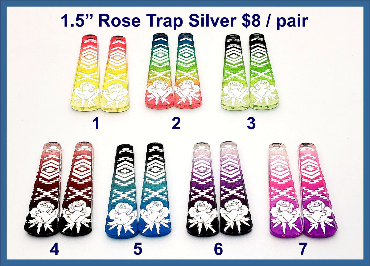 Seven pairs of 1.5 inch silver mirror acrylic rose trap cabochons (cabs) with engraved roses in ombre colours
