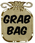 Burlap drawstring bag printed with the words 'Grab Bag' on a white background