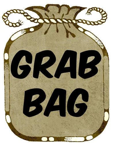 Burlap drawstring bag printed with the words 'Grab Bag' on a white background