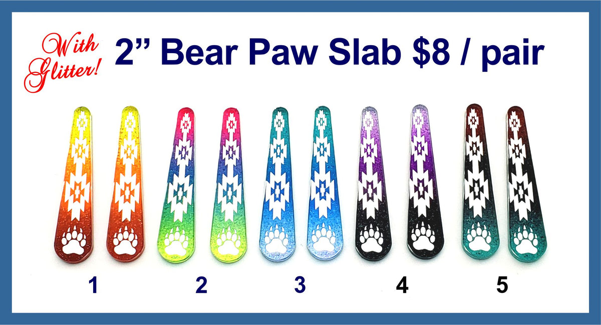Five pairs of 2 inch glitter slab cabochons (cabs) with bear paws and geometric designs in ombre colours