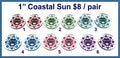 Six pairs of 1 inch round silver mirror acrylic Coastal sun cabochons (cabs) painted in six colours