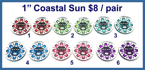 Six pairs of 1 inch round silver mirror acrylic Coastal sun cabochons (cabs) painted in six colours