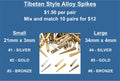 Chart of zinc alloy spikes in silver, gold and bronze, small 21 x 3mm and large 34 x 4mm, numbered 1 to 6