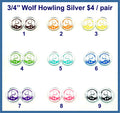 Nine pairs of 3/4 inch round silver mirror acrylic howling wolf cabochons (cabs) in rainbow colours