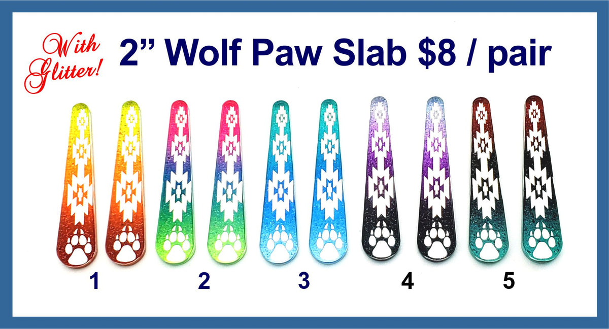 Five pairs of 2 inch glitter slab cabochons (cabs) with wolf paws and geometric designs in ombre colours