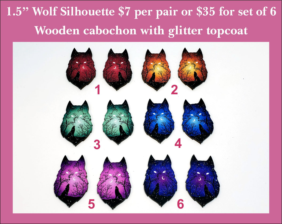 Six pairs of 1.5 inch wolf silhouette cabochons (cabs) on starry red, orange, green, blue and purple skies