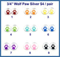 Nine pairs of 3/4 inch round silver mirror acrylic wolf paw cabochons (cabs) in rainbow colours