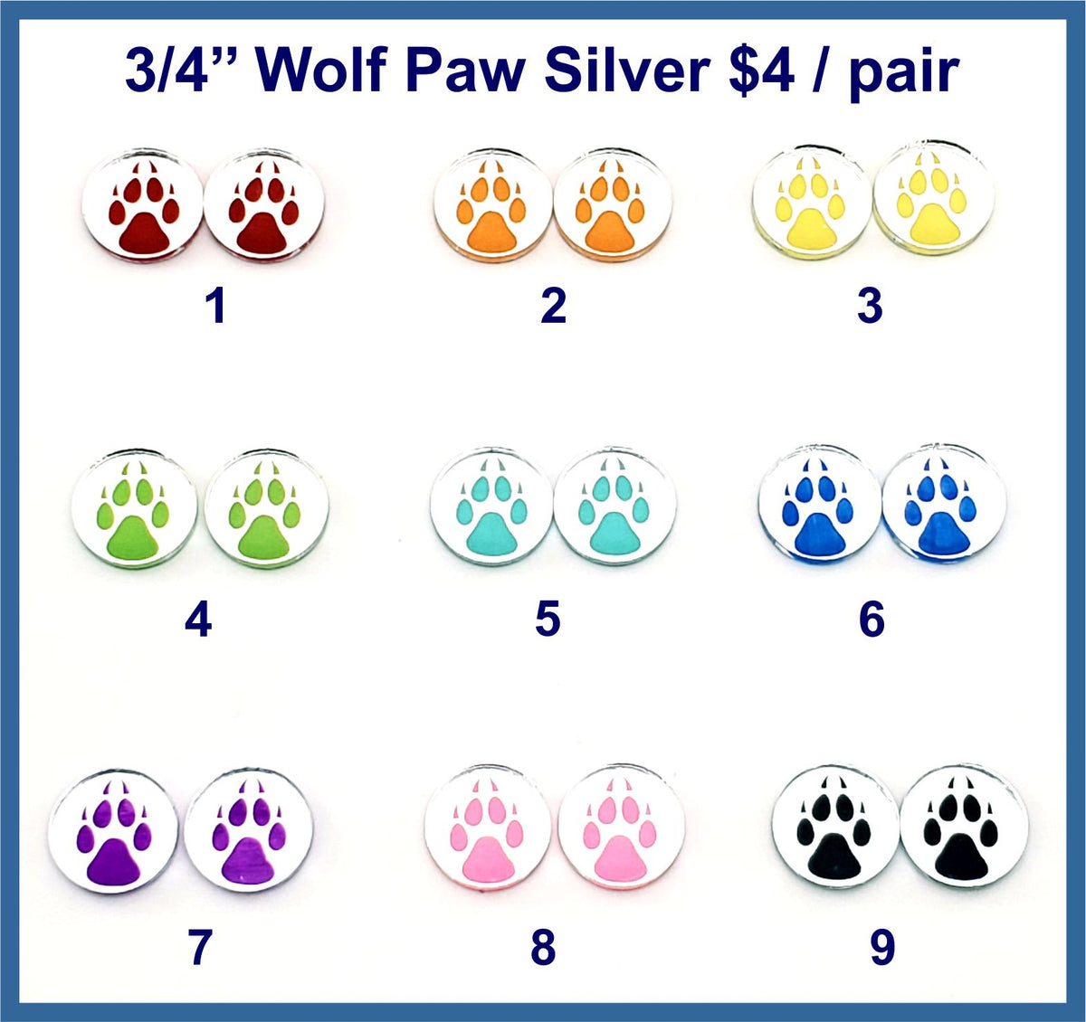 Nine pairs of 3/4 inch round silver mirror acrylic wolf paw cabochons (cabs) in rainbow colours