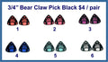 Six pairs of 3/4 inch black acrylic guitar pick cabochons (cabs) with bear claws in six colours