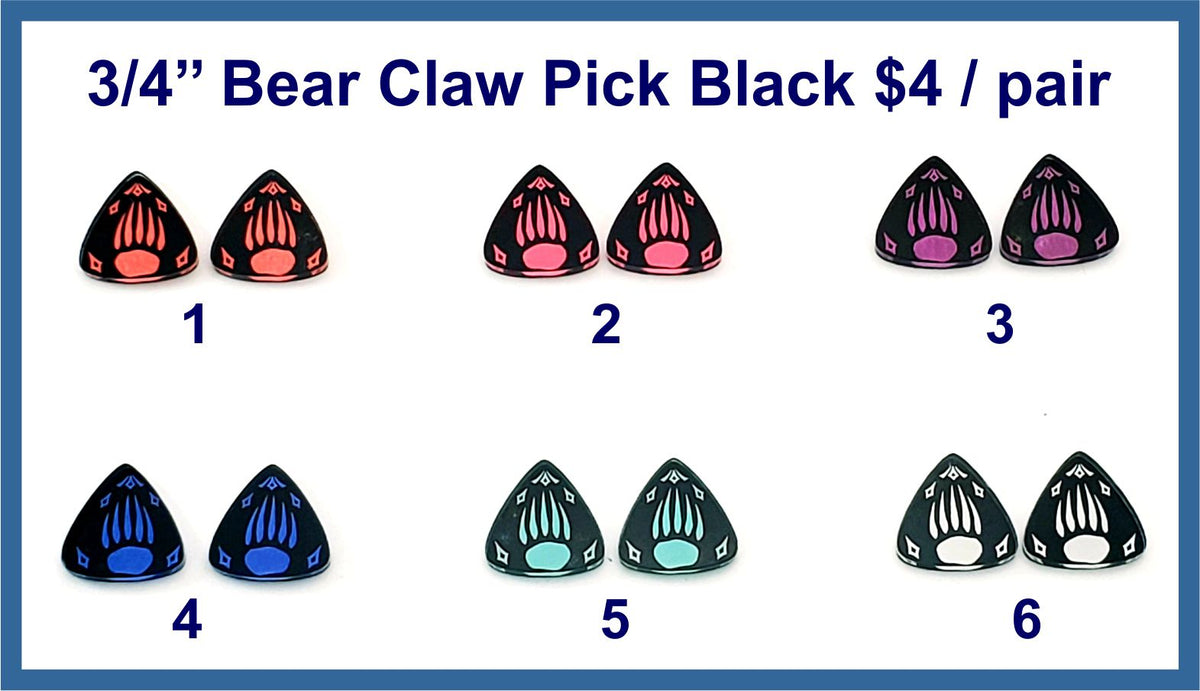 Six pairs of 3/4 inch black acrylic guitar pick cabochons (cabs) with bear claws in six colours