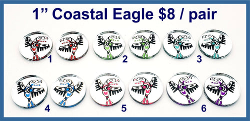 Six pairs of 1 inch round silver mirror acrylic Coastal eagle cabochons (cabs) painted in six colours