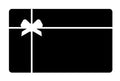 Black gift card graphic with a white ribbon and bow on a white background