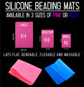 Pink and blue silicone beading mats, with a chart of small, medium and large sizes in cm